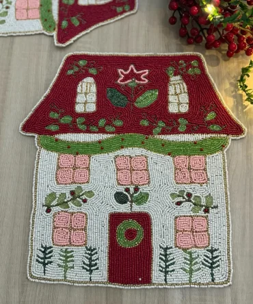 Christmas Cottage House Pattern Rectangular Beaded Placemat