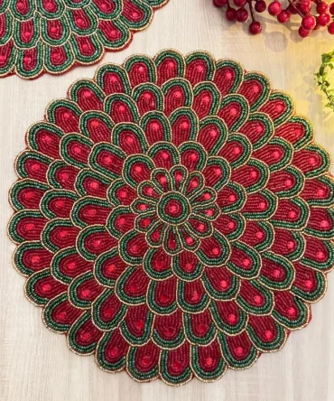 Red and Green Peacock Feather Mandala Round Beaded Placemat