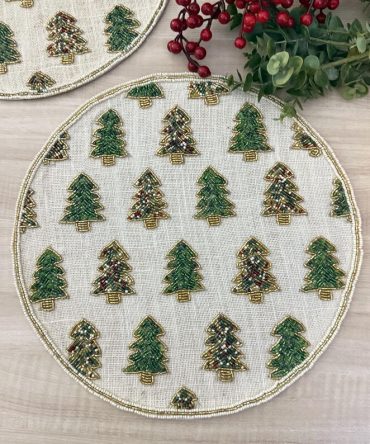 Christmas Tree Forest Pattern Round Beaded Placemat