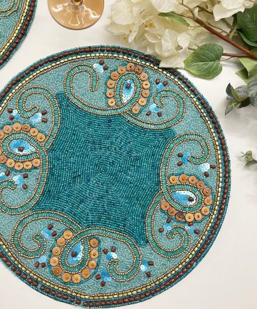 Turquoise Paisley Swirl Pattern Round Beaded Placemat
