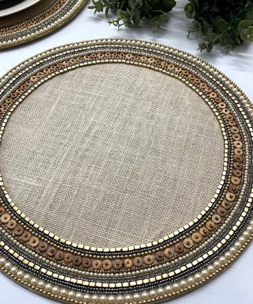 Gold Pearl and Bronze Beaded Border Round Placemat