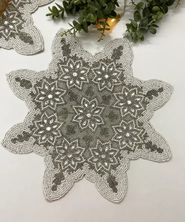 Silver Snowflake Star Pattern Beaded Placemat