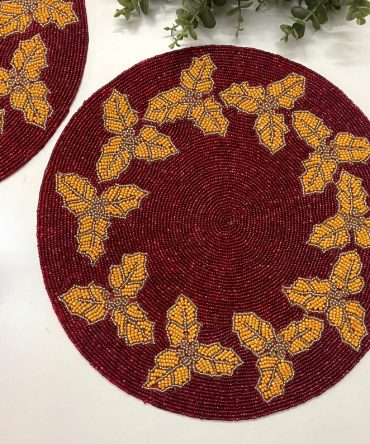 Burgundy Maple Leaf Wreath Round Beaded Placemat