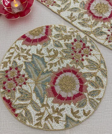 Poinsettia Flower and Leaf Pattern Round Beaded Placemat