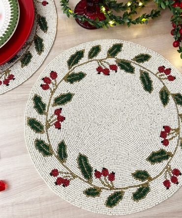 Holly Berry Wreath Round Beaded Christmas Placemat