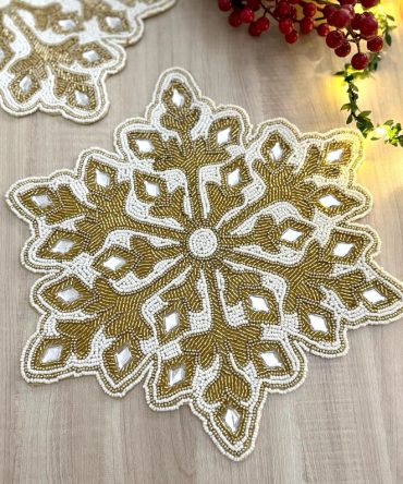 Gold and White Snowflake Star Beaded Placemat