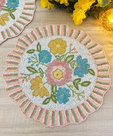 Pastel Floral Garden Pattern Scalloped Beaded Placemat