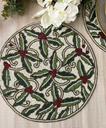 Holly Leaf and Red Berry Vine Round Beaded Christmas Placemat